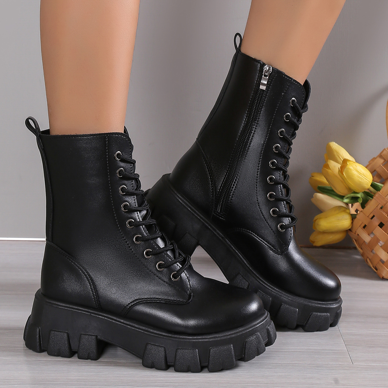 2024 Hot Sale Ladies Shoes Lace Up Women's Autumn Round Toe Solid Platform Water Proof Short Barrel Large Size Naked_voghion.com