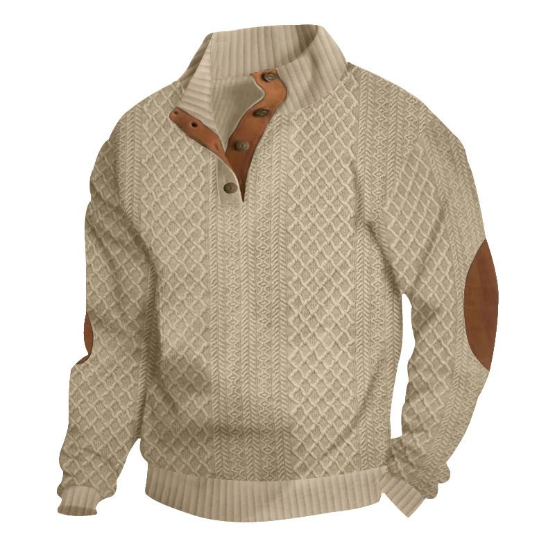 Men's Jacquard Knit Sweatshirt - Winter-Ready Polyester Crewneck With Stand Collar (6 Sizes, Subtle Geometric Pattern)_voghion.com