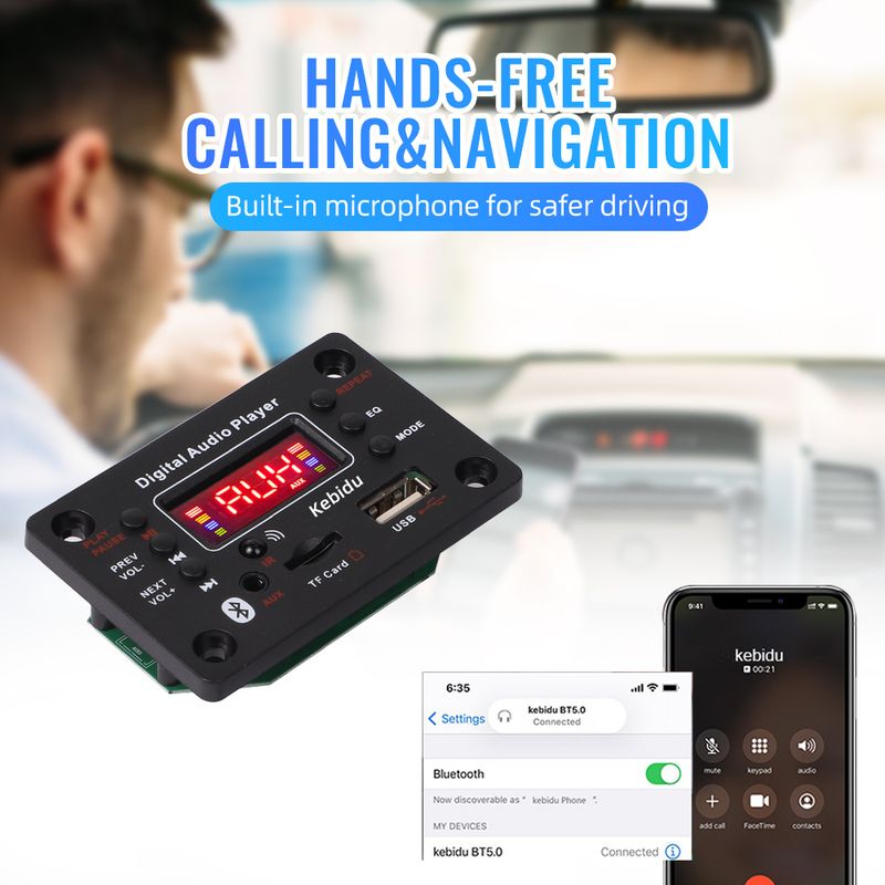 80W Bluetooth 5.0 Car WMA Decoder Board 2*40W Amplifier USB AUX FM Radio MP3 Player Color Screen With Remote Control_voghion.com