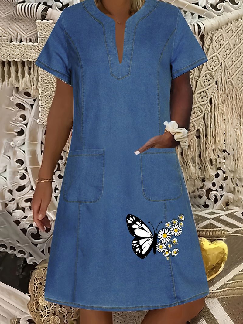Abito in denim da donna, blu scuro, sottile, con scollo a V, lunghezza media_voghion.com