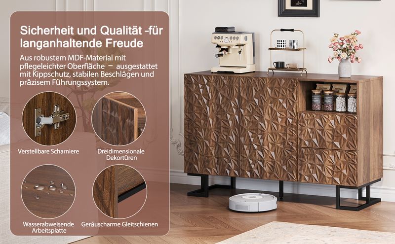 Beistellschrank 120x78,5cm Walnussoptik Mit Blattrelief, 2 Türen & 2 Schubladen_voghion.com