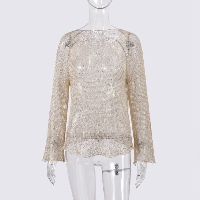 Maglione a maniche lunghe in maglia con paillettes color champagne per donna, elegante pullover casual con decorazioni glitterate, vestibilità elasticizzata e traspirante per l'ufficio_voghion.com