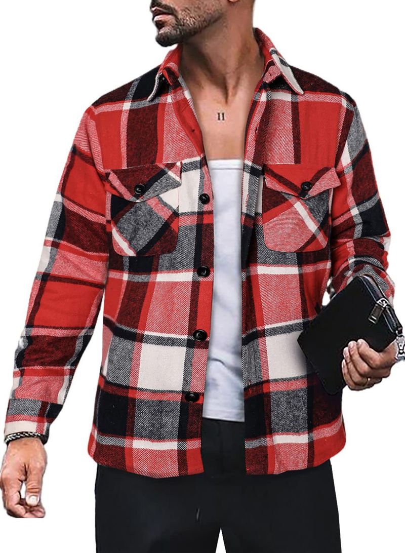 Herrenbekleidung kariertes Hemd langärmlige Knopf-Freizeitjacke_voghion.com