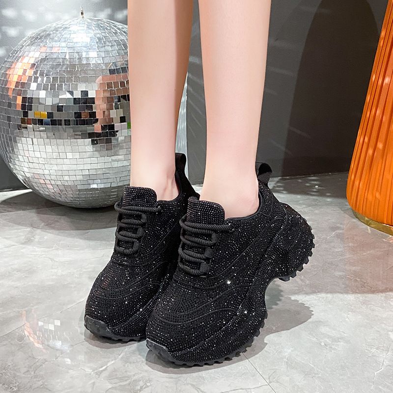Modische Damen-Sneaker mit Strasssteinen – klobige Plateauschuhe für mehr Körpergröße, atmungsaktives Obermaterial aus PU, lässige und trendige Low-Top-Schnürschuhe_voghion.com