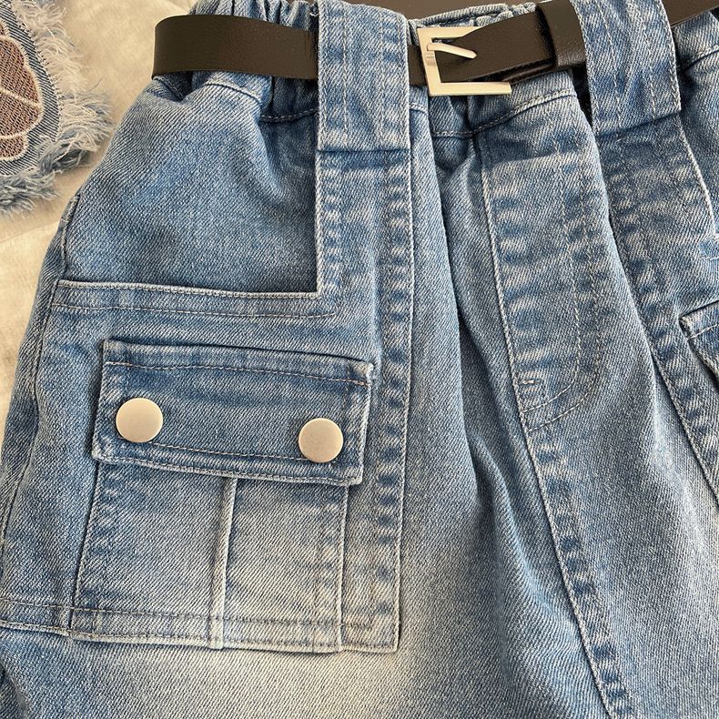 Dreidimensionaler Bogen Mädchen Kurzarm T-Shirt Anzug Neue Casual Sommer Kinder Denim Shorts Zweiteiler Anzug_voghion.com
