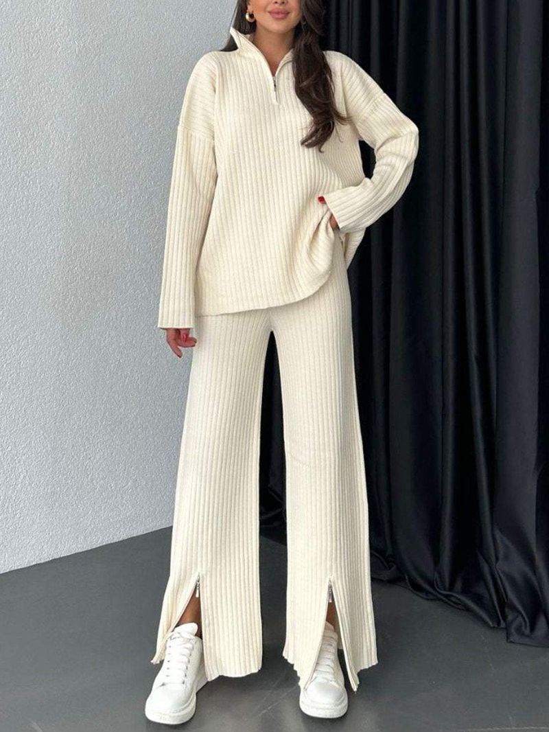 K New Women's Solid Color Zipper Knit Suit High Neck Ribbed Home Clothes Two-piece Set_voghion.com
