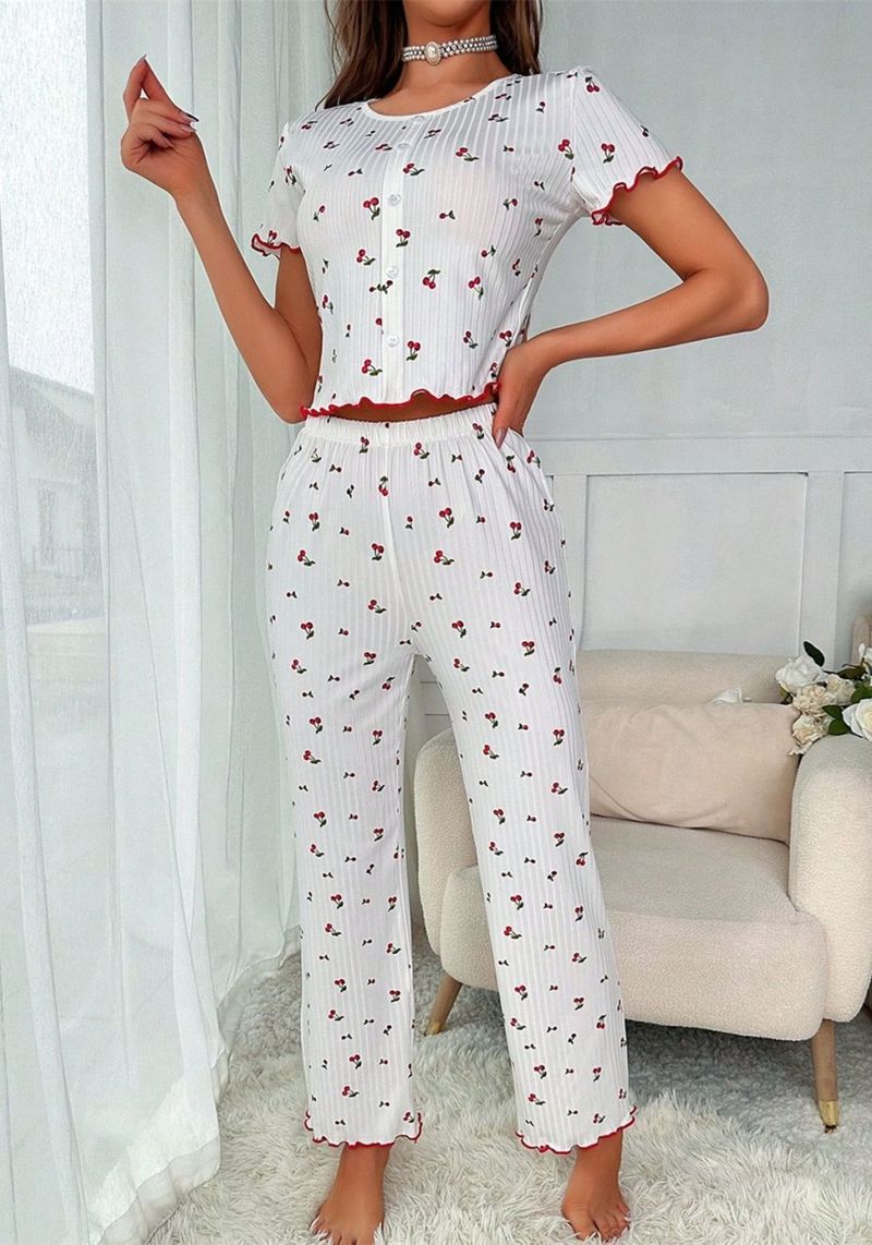 Pajamas Short-sleeved Trousers Set Women's Loungewear,Cherry Pattern Fungus Edge Front Button_voghion.com