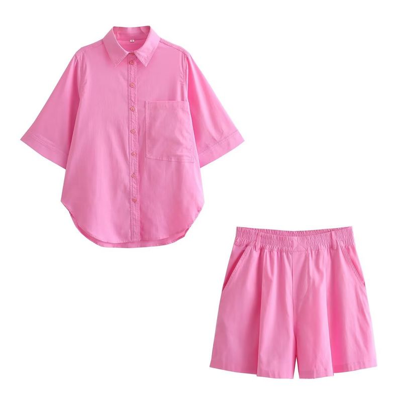 Abbigliamento da donna nuovo stile tascabile camicia in finto lino top + pantaloncini a vita alta finto lino set in due pezzi 8BS9828_voghion.com