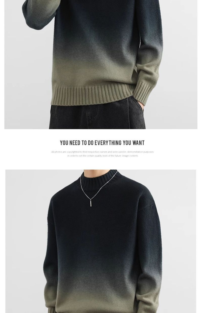 Herren-Strickpullover mit Ombré-Muster – Halbrollkragen, lockere Passform, Stretch-Polyestermischung (Armeegrün/Blaugrau/Beige/Dunkelgrün/Chinarot)_voghion.com