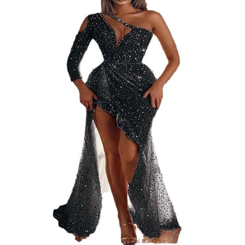 cross border women's dreamy socialite party party quality sexy high slit long sleeved sequined banquet evening dress_voghion.com