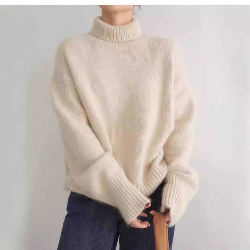 Stile pigro collo alto lavorato a maglia per le donne in autunno inverno, morbido appiccicoso colore solido, interno largo e confortevole, coreano_voghion.com