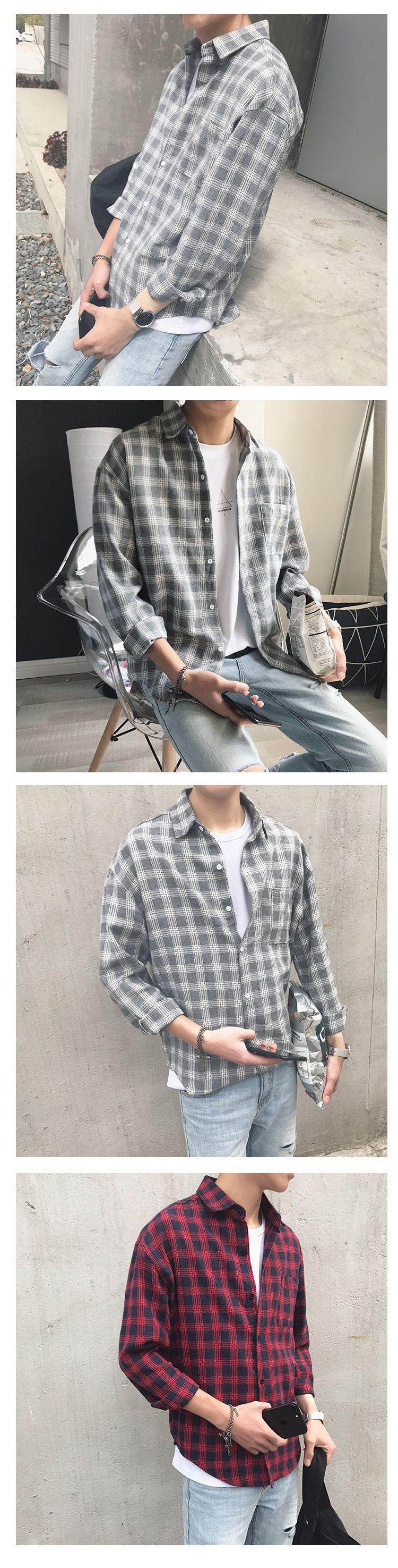 Neues Sommer-Herren-Langarm-Plaid-Slim-Fit-Hemd im koreanischen Stil, trendig, hübsch, lässig_voghion.com