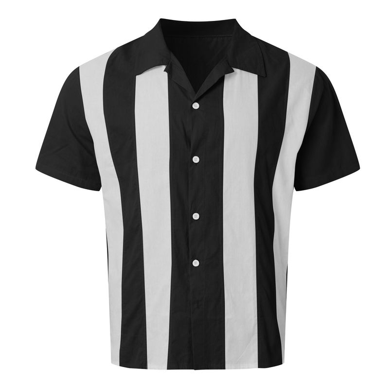 CT 2025 Summer Color Block Striped Patchwork Short Sleeve Men's Loose Casual Cuban Collar Shirt Trend_voghion.com