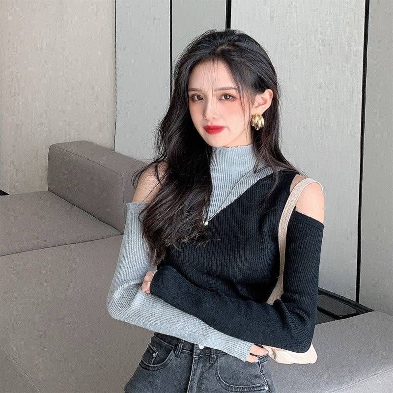ragazza 2025 primavera e autunno nuovo maglione lavorato a maglia a collo alto a maniche lunghe con spalle scoperte color-block vestibilità slim base corta_voghion.com
