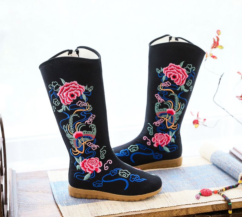 Enkelstövel i bomull, mellanhöga, platta, feta fötter, överdimensionerade tygstövlar, broderade damskor, dragkedja i sidan_voghion.com