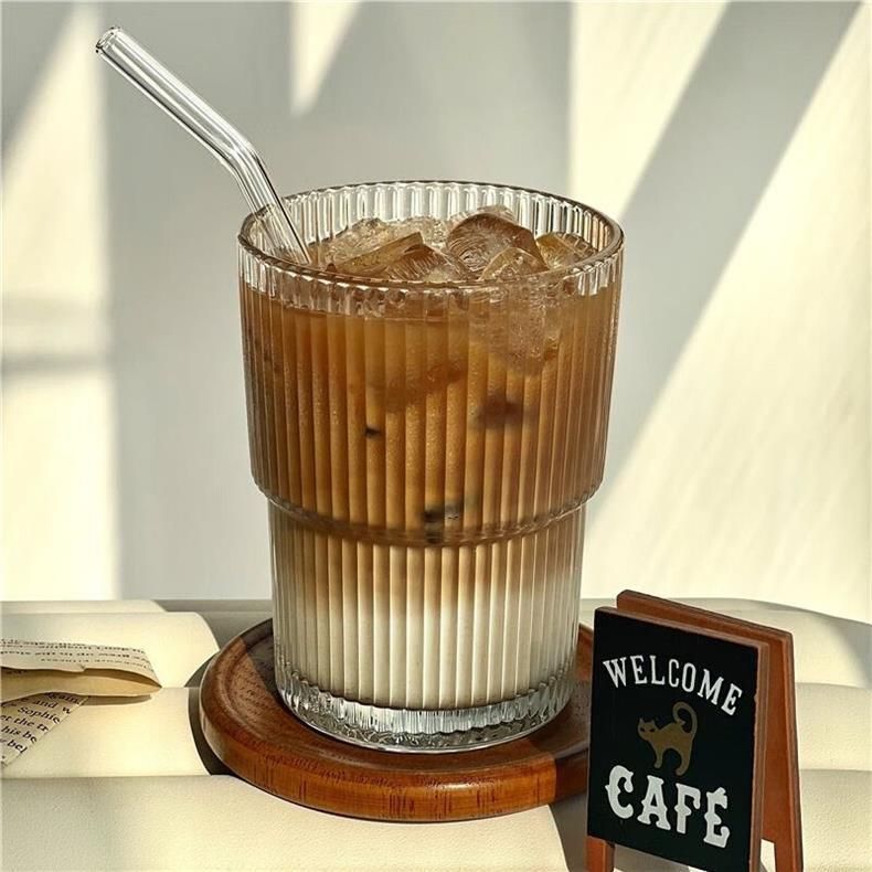 Striped Glass Coffee Cup With Lid & Straw - 12oz Reusable Drinking Glass For Hot/Cold Beverages (Iced Latte Milk Juice Dishwasher Safe)_voghion.com