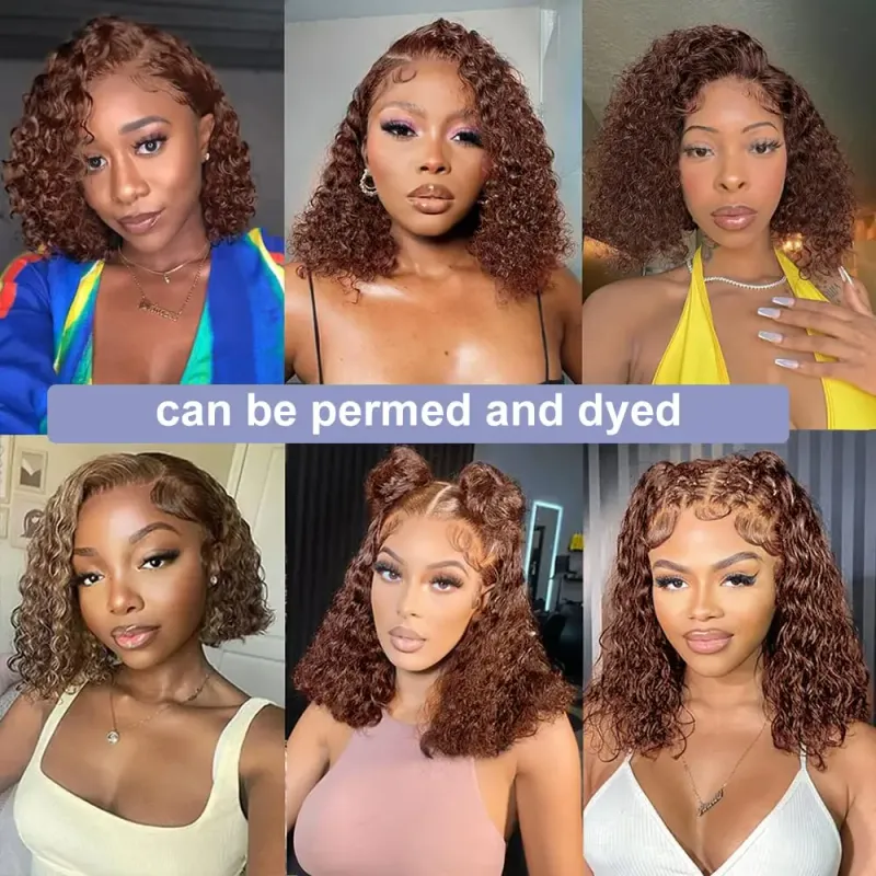 Peluca corta Bob color marrón chocolate con ondas profundas y encaje frontal para mujer, pelucas frontales de encaje transparente HD de 16 pulgadas_voghion.com