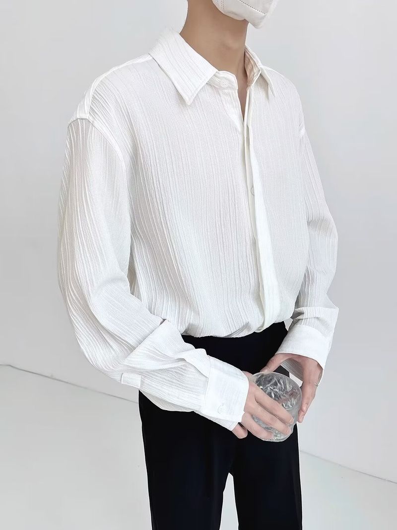 Advanced Style Shirt Männer Laangärmlech Plisséiert Hemd Äis Seid Neie Stil Cool Casual Top Männer_voghion.com