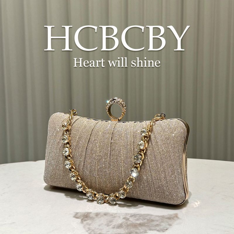 Champagne Color Shiny Pleated Elegant Small Handbag Gorgeous Rhinestone Chain Clutch Bag Ladies Fashion Temperament Evening Bag_voghion.com