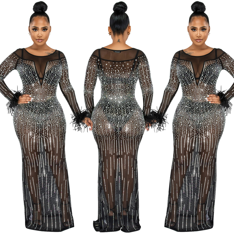 Damenmode-Nachtclub-Party mit Diamant-Damen-Mesh-Perspektive, langärmeliges Kleid, Damenkleid_voghion.com