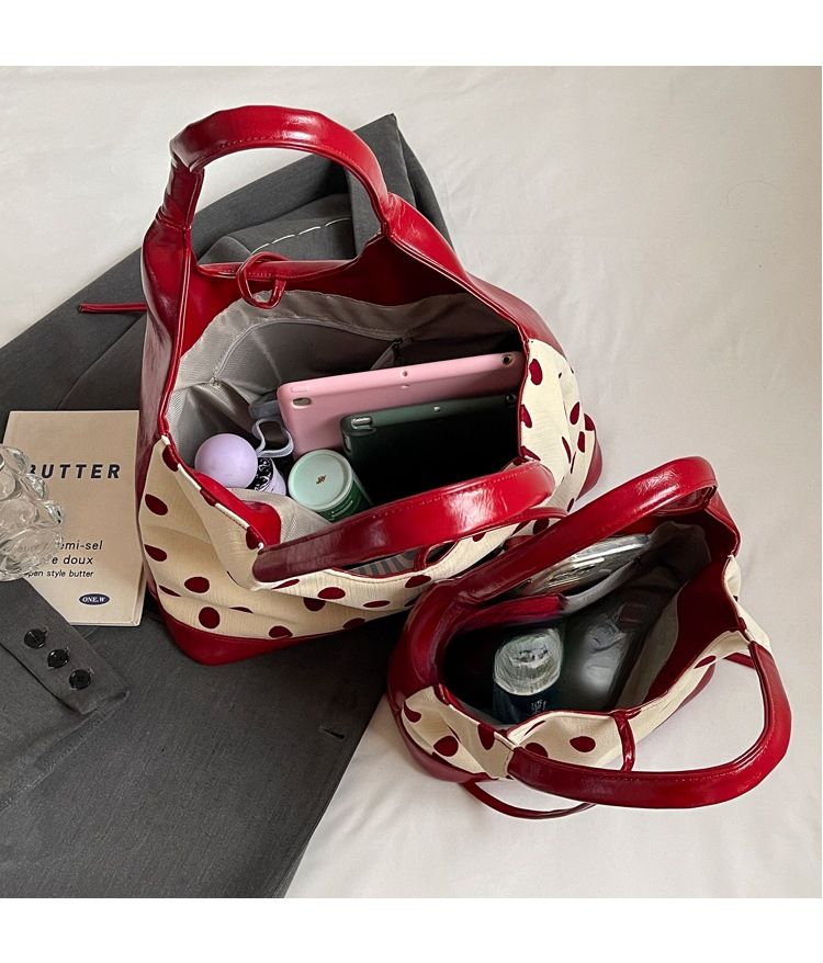Canvas Commuter Shoulder Bag Women's Polka Dot Tote Bag Large Capacity_voghion.com