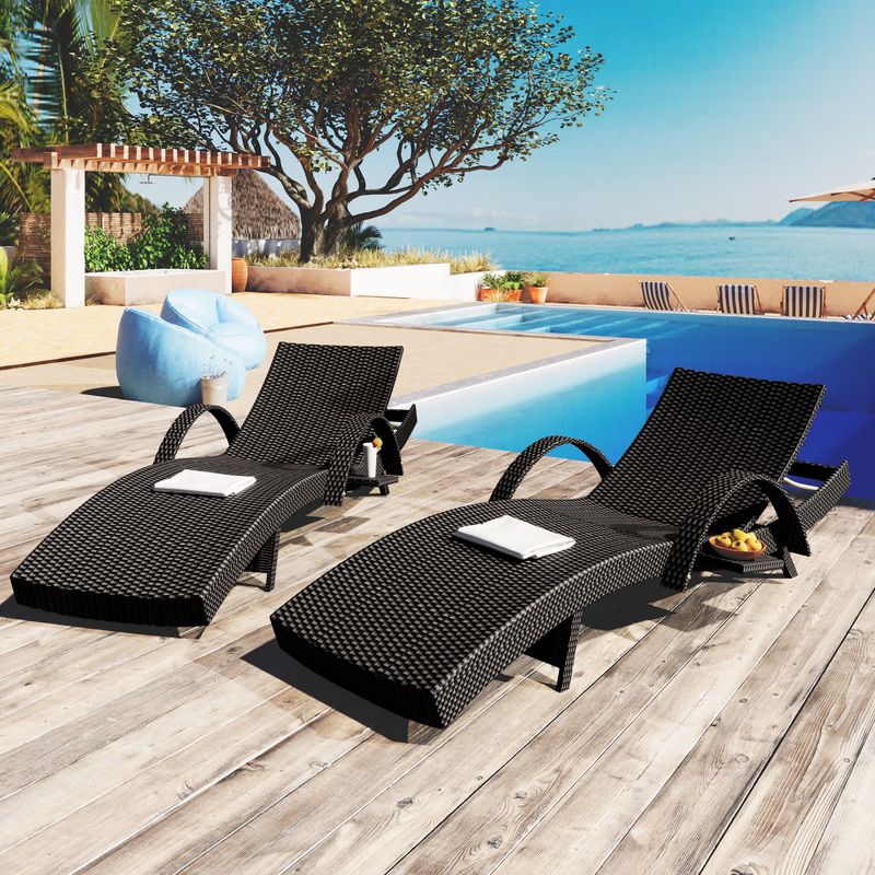 80'' Outdoor Wicker Chaise Lounge Chairs Set Of 2, Patio Rattan Reclining Chair Pull-out Side Table Adjustable Backrest Ergonomic Wave Design Pool Sunbathing Recliners_voghion.com
