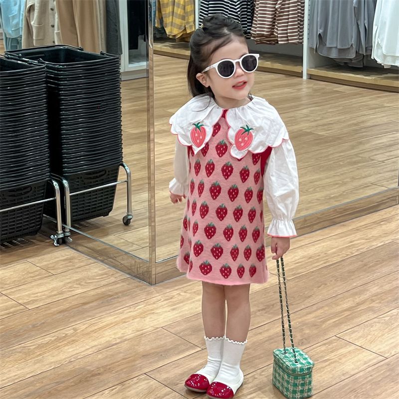 2024 Primavera Nuovo Coreano Bambini Vestiti Carino Ricamato Colletto Camicia Fragola Maglia Canotta Gonna per Ragazze_voghion.com