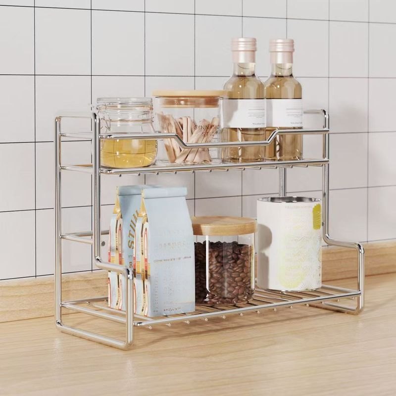 Organizador de especiarias de camada dupla para cozinha, banheiro, banheiro, banheiro, armazenamento multifuncional, suporte para cosméticos_voghion.com