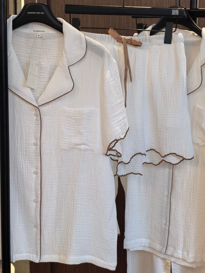 Women's Sleepwears New Style Organic Pure Cotton Double Layer Cotton Yarn Embroidery Lace Short Sleeved Pants Long Sleeved Pants Home Clothes Suit_voghion.com