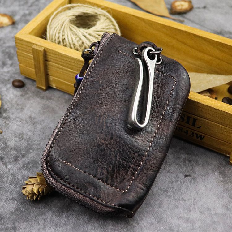 Portachiavi da donna in pelle conciata al vegetale primo strato, portachiavi da uomo con cerniera in stile retrò in vecchia pelle di vacchetta lavata fatta a mano_voghion.com
