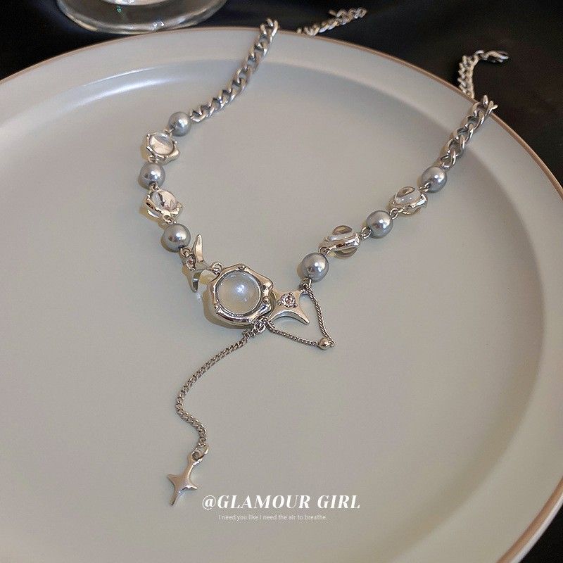 Kleine Nischen-Design unregelmäßige Mondstein Glasperle koreanische Ins Schlüsselbein Kette coole Stil Halskette für Frauen_voghion.com