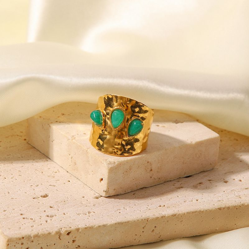 Instagram French niche design titanium with three irregular green natural stones exaggerated ring, stainless steel ring_voghion.com
