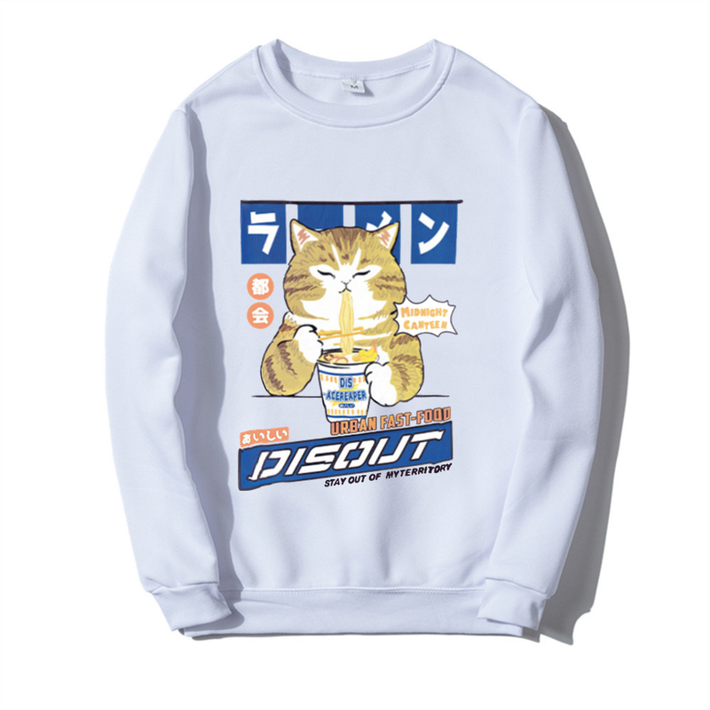 Herbst und Winter Neuer Katzen-Cartoon-Print-Rundhalspullover für Männer und Frauen mit weißem Boden, lässigem Fleece_voghion.com