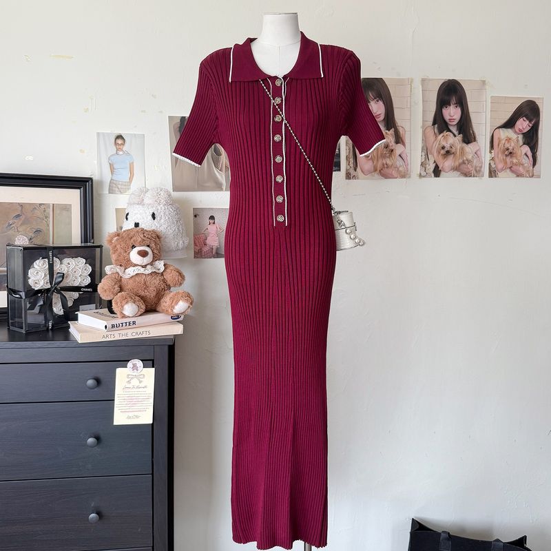 Damenbekleidung Frühling und Sommer Neues einreihiges, eng anliegendes, mittellanges Kleid_voghion.com