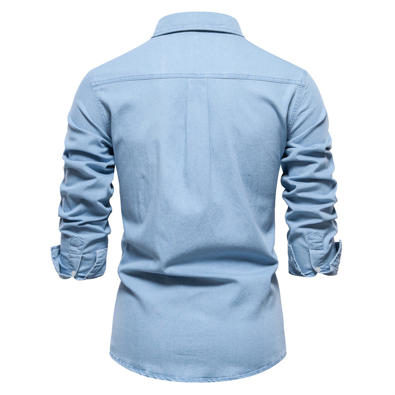 Camicia in denim slim fit da uomo - Camicia classica casual a maniche lunghe con bottoni per uomo, confortevole misto cotone, elegante e versatile_voghion.com