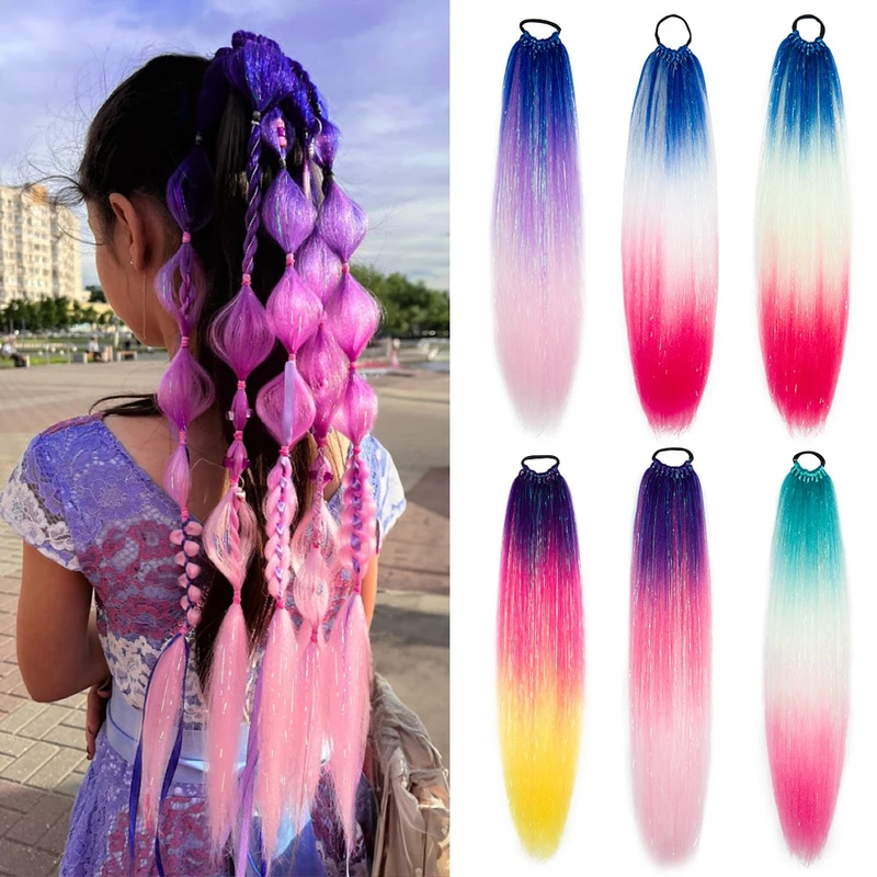 Synthetic Ombre Glitter With Elastic Tie 24Inch Long Jumbo Ponytail Hair Extension For Braiding_voghion.com