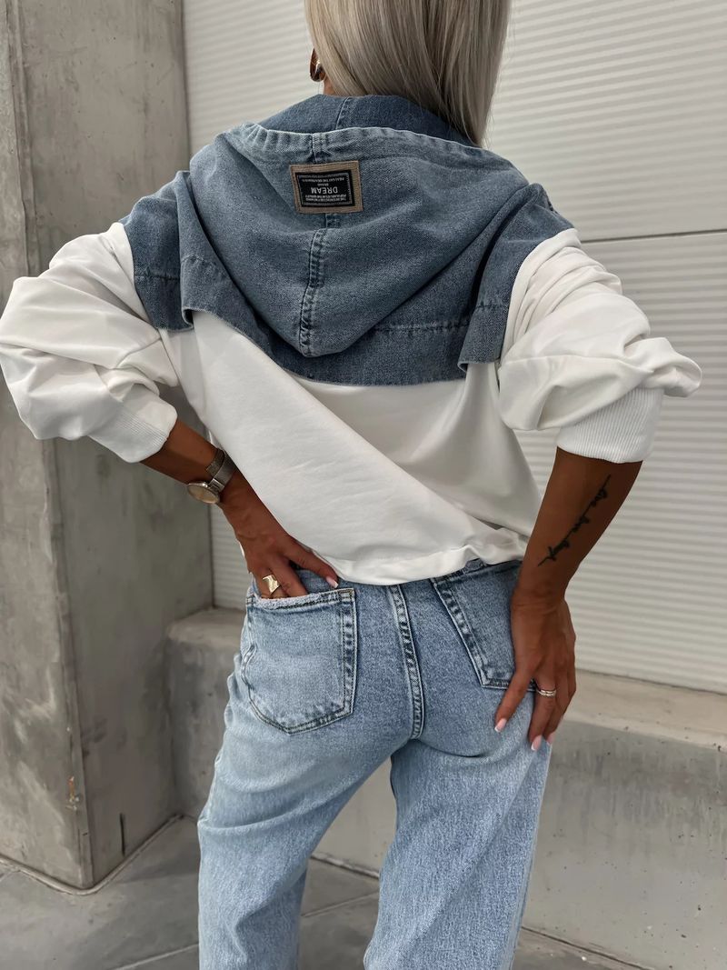 Felpa con cappuccio da donna in denim lavato, casual, alla moda, 25° anno, patchwork, 805_voghion.com