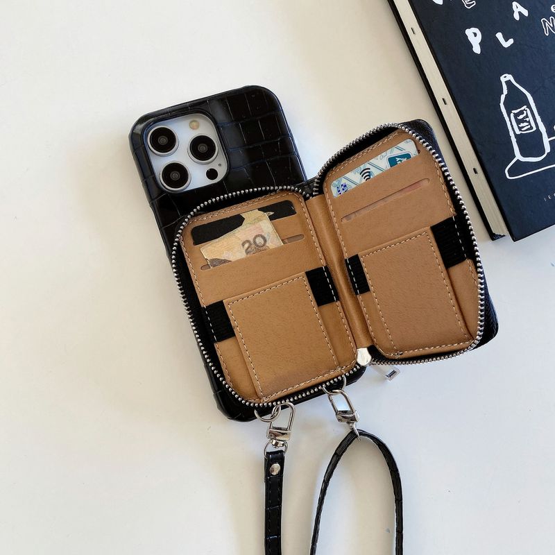Mobiele telefoonhoesje rits kaarthouder lanyard geschikt voor Apple 15 mobiele telefoonhoesje Apple 14 promax krokodillenpatroon beschermhoes 13 dames_voghion.com