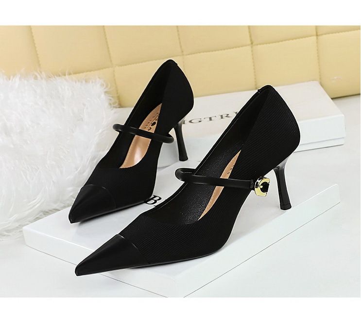 9116-A3 Banquet Thin Shallow Mouth, Pointed Headlight, Core Velvet Metal Buckle, Straight Strap, High Heels, Single_voghion.com