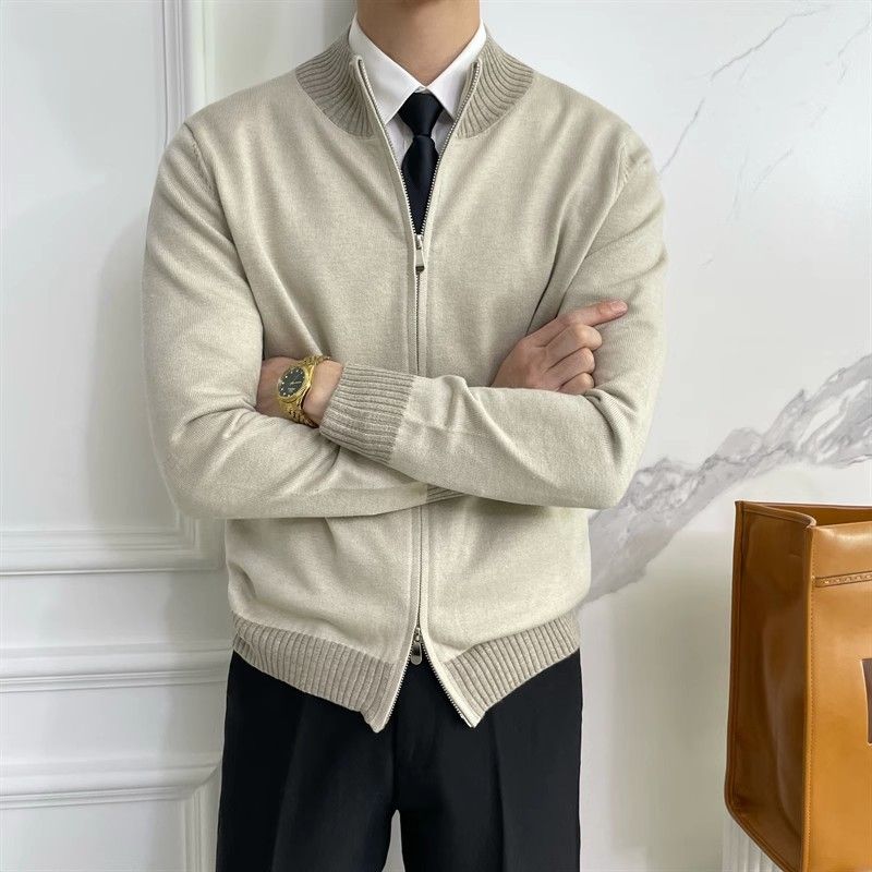 Men's Slim Fit Stand Collar Zip-Up Knit Sweater – Color Block Pullover With Dual Zippers & Badge Detail_voghion.com