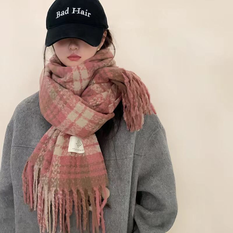 Sciarpa calda in stile coreano per donna, edizione invernale, rosa secco, sbiancante, ispessita, scaldacollo, scialle con nappe_voghion.com