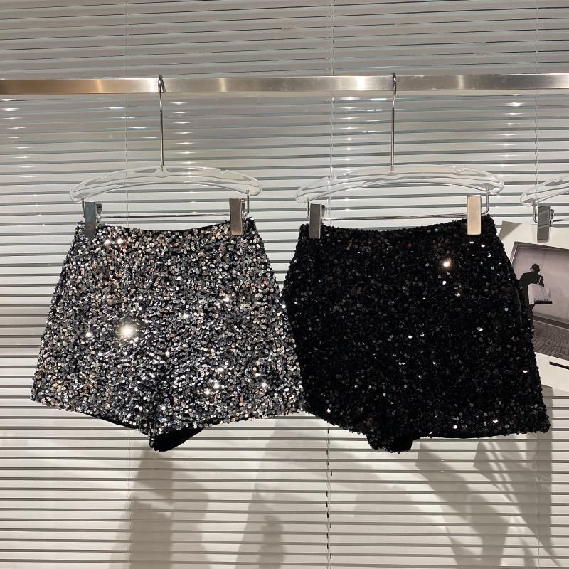 Autumn New Full Sequin Shiny Heavy Zipper Nightclub Socialite Three-Quarter Shorts Hot Pants For Women_voghion.com