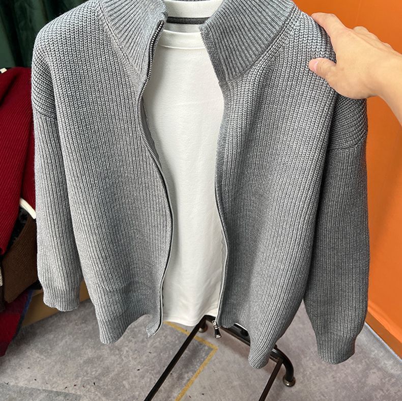 Cárdigan unisex con cremallera y cuello alto ajustado (negro, gris, albaricoque y rojo)_voghion.com