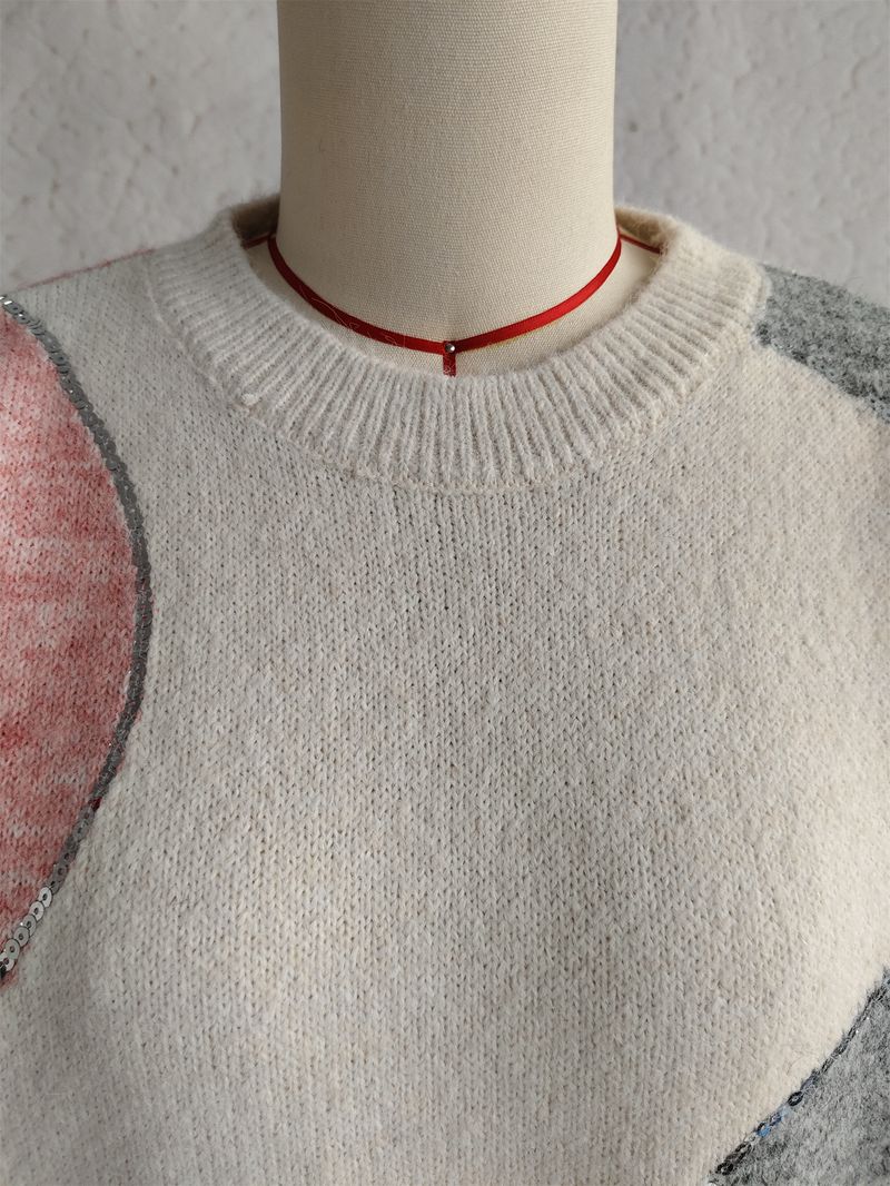 Retro-Strickpullover mit Farbblockdesign – Übergroßer Rundhalspullover für Damen (S-L, Polyestermischung, weich und atmungsaktiv, leicht zu schichten)_voghion.com