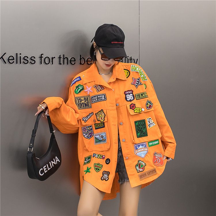 Modische Multi-Label-Jacke aus unregelmäßig gewaschenem Denim für Damen_voghion.com