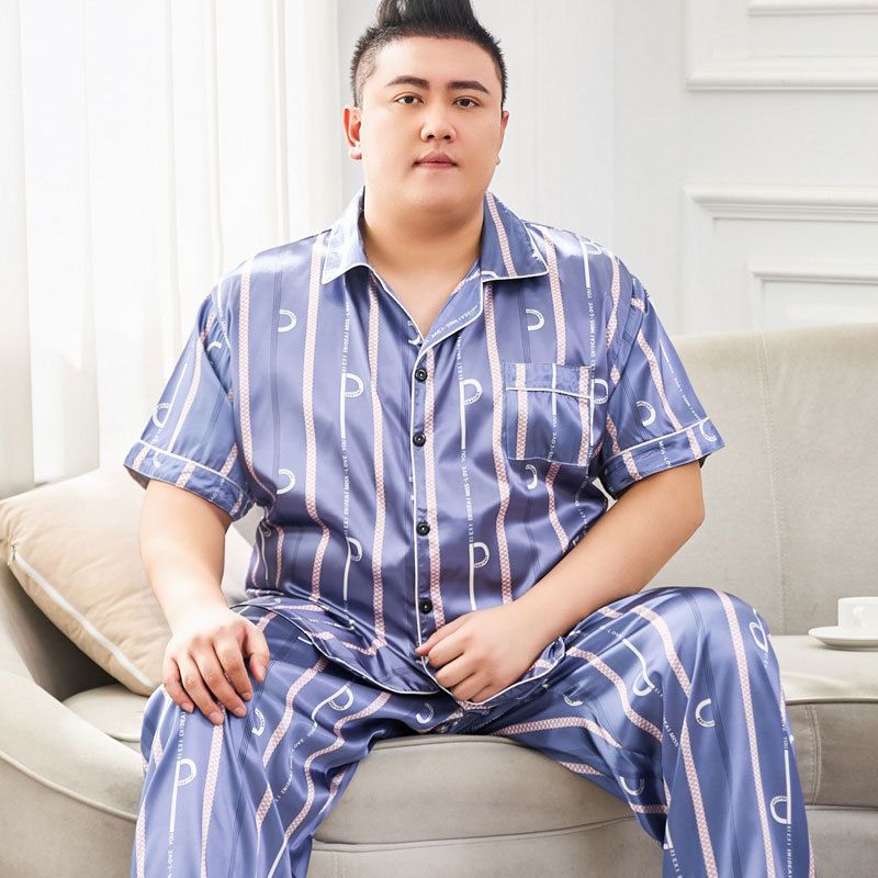 Fat guy plus fat extra large size 300 ice pajamas women's summer short sleeved pants 330 pounds silk home suit_voghion.com