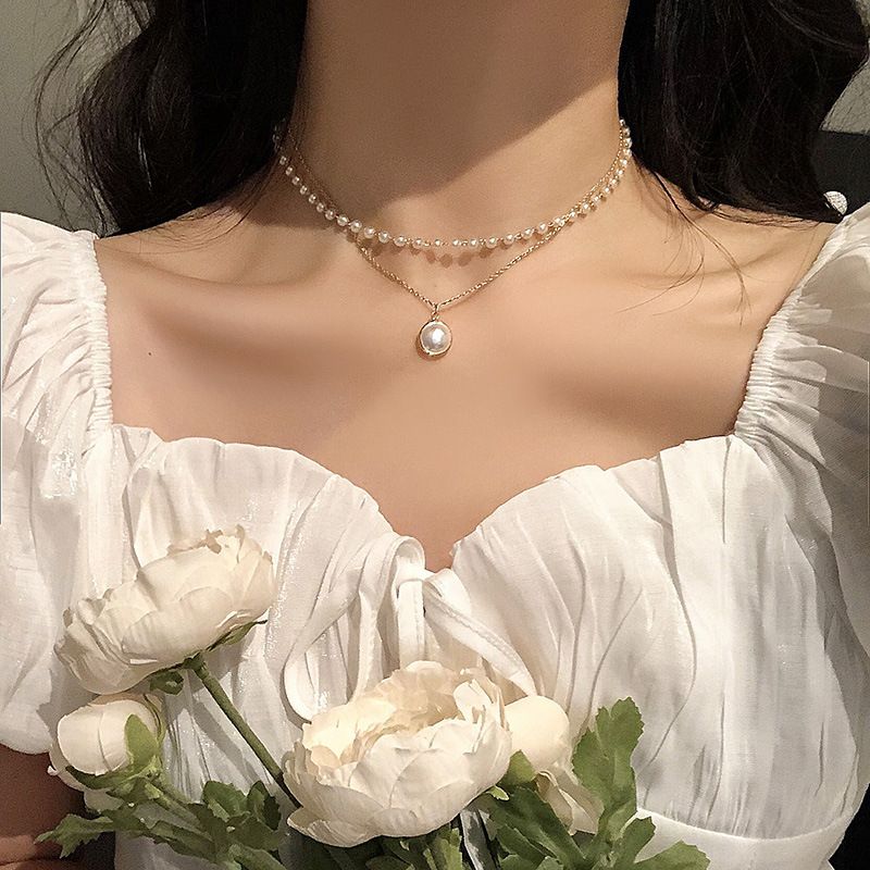 Collana con ciondolo di perle a doppio strato coreano Instagram Super Immortal Unique, girocollo semplice ed elegante da donna_voghion.com