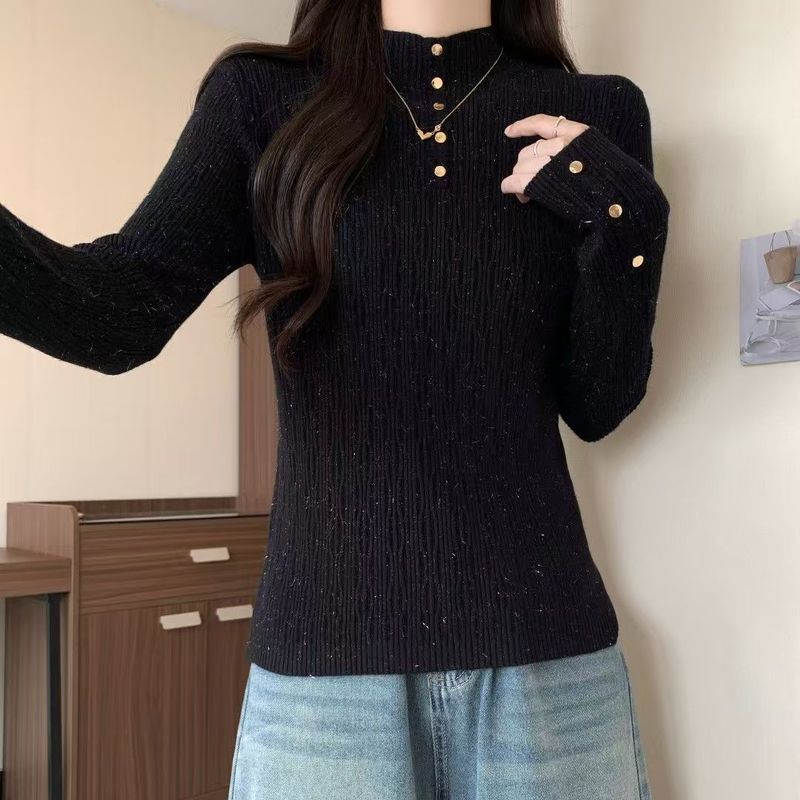 【 Cashmere Family 】 Half high neck short wool base women's slim fit and slimming black knit sweater, inner layer_voghion.com
