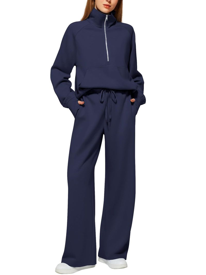 2025 Women's Two-Piece Oversized Half-Zip Sweatshirt Wide-Leg Sweatpants Casual Set_voghion.com