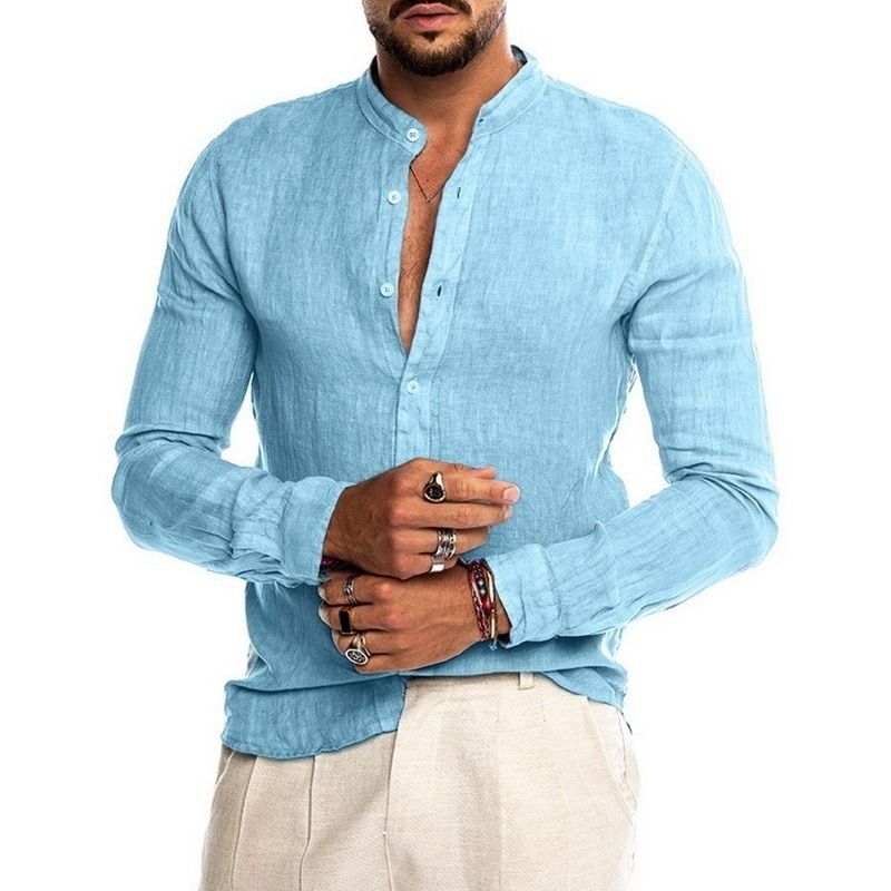 Spring New Men's European and American Solid Color Standing Collar Cardigan Casual Long Sleeved Shirt Men's Style_voghion.com
